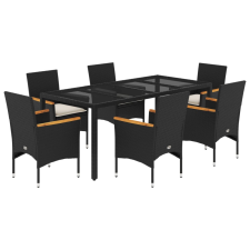 vidaXL 7 részes fekete polyrattan/üveg kerti étkezőgarnitúra párnával (3278649) kerti bútor