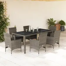 vidaXL 7 részes szürke polyrattan/üveg kerti étkezőgarnitúra párnával kerti bútor