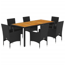 vidaXL 7részes fekete polyrattan/akácfa kerti étkezőgarnitúra párnákkal (3278673) kerti bútor