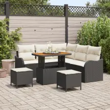 vidaXL 8 Darabos Kert Kanapé Szett Párnákkal Fekete Poly Rattan Akác kerti bútor