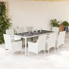 vidaXL 9 részes fehér polyrattan/üveg kerti étkezőgarnitúra párnákkal kerti bútor