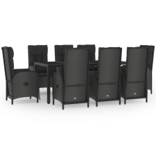 vidaXL 9 részes fekete és szürke polyrattan kerti étkezőszett párnával (3185058) kerti bútor