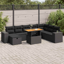 vidaXL 9 részes fekete polyrattan akácfa kerti ülőgarnitúra párnákkal kerti bútor