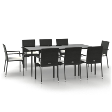 vidaXL 9 részes fekete polyrattan kerti étkezőgarnitúra párnákkal (3185124) kerti bútor