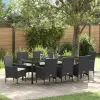 vidaXL 9 részes Kerti Étkezőszett Párnákkal Fekete Poli Rattan, Kerti Asztal Fekete 200x80x73 cm Edzett Üveg