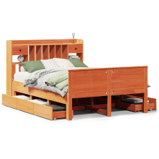 vidaXL barna tömör fenyőfa könyvespolcos ágy matrac nélkül 140 x 190cm (3308935) ágy és ágykellék