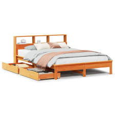 vidaXL barna tömör fenyőfa könyvespolcos ágy matrac nélkül 150 x 200cm (3309808) ágy és ágykellék