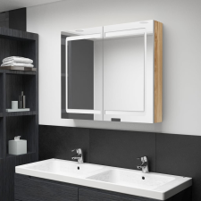 vidaXL Fehér, tölgyszínű LED-es tükrös fürdőszobaszekrény 80x12x68 cm fürdőszoba bútor