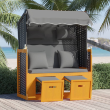 vidaXL fekete-antracitszürke polyrattan és fa strandszék párnával kerti bútor