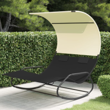 vidaXL fekete-krémszínű kétszemélyes textilén napozóágy napellenzővel kerti bútor