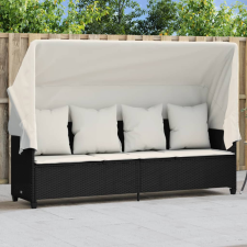 vidaXL fekete polyrattan napozóágy tetővel és párnával kerti bútor