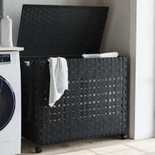 vidaXL Fekete rattan szennyeskosár kerekekkel 66x35x60 cm bútor