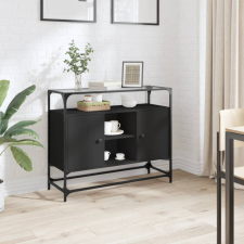 vidaXL fekete szerelt fa tálalószekrény üveglappal 98 x 35 x 81 cm bútor