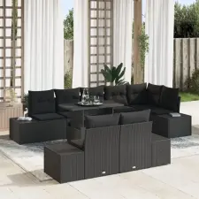 vidaXL Kerti Kanapé Szett 9 Darab Fekete Rattan, Szövet kerti bútor