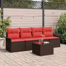 vidaXL Kerti Kanapé Szett párnával 5 pcs Beige és Piros polirattan kerti bútor