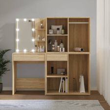 vidaXL Sonoma színű szerelt fa LED-es fésülködőasztal 2 szekrénnyel bútor