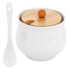 Vilde Cukortartó kanállal, kerámia és bambusz anyagokból, fehér 250ml - 9x9cm konyhai eszköz
