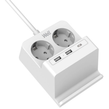 WELL Elosztó 2 aljzat 2x USB-A 1x USB-C 2m fehér hosszabbító, elosztó