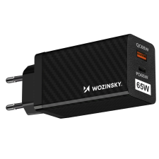 Wozinsky WWCG01 hálózati töltő 1xUSB-A és 1xUSB-C csatlakozóval 65W GaN fekete kábel és adapter