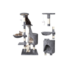 XAM-101 Macska kaparófa 118 cm, szürke, alvófülkével, játékokkal, karomélezővel, plüssel macskabútor