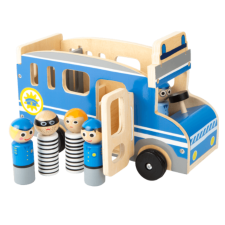  XL Fából készült rabszállító rendőrbusz rabokkal és rendőrökkel fajáték