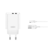 XO CE34 hálózati töltő 2 USB aljzat (2.4A, gyorstöltő + Type-C kábel) FEHÉR