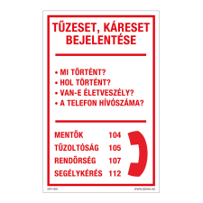ZSONA DEKOR Tűzeset, káreset bejelentése Utánvilágító műanyag tábla 160x250 mm információs címke